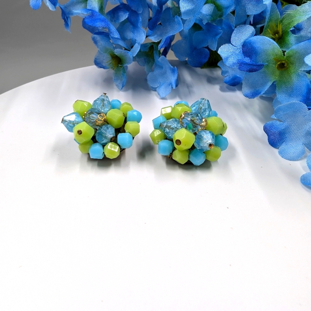 Germany Signed Green and Blue Crystal Cluster Vintage Clip On Earrings